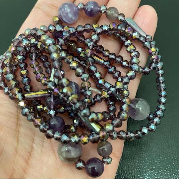 Handmade Amethyst Stone AB Purple Crystal Beads Lariat 40” Necklace - Picture 10 of 16